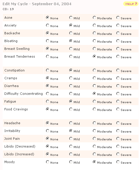 Menstrual Cycle Symptoms and Premenstrual Syndrome (PMS) Symptoms tracking for free at MyMonthlyCycles.com