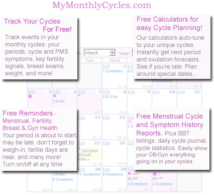 MyMonthlyCycles.com period tracker, fertility tracker, ovulation and menstrual cycle calculators, alerts, cycle history charts.