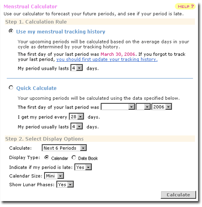 Menstrual Calculator - forecasts future periods, shows if period is late