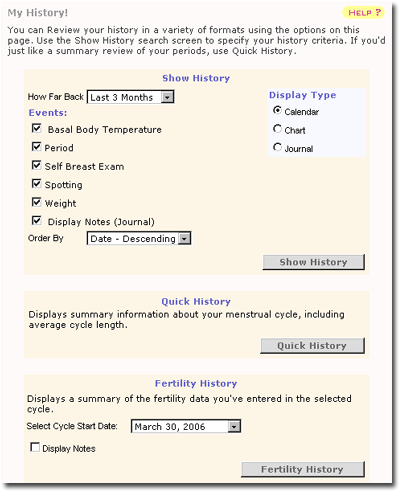 Select criteria for your menstrual cycle history report