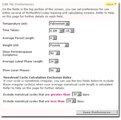 Setup your preferences and use menstrual cycle rules at MyMonthlyCycles.com